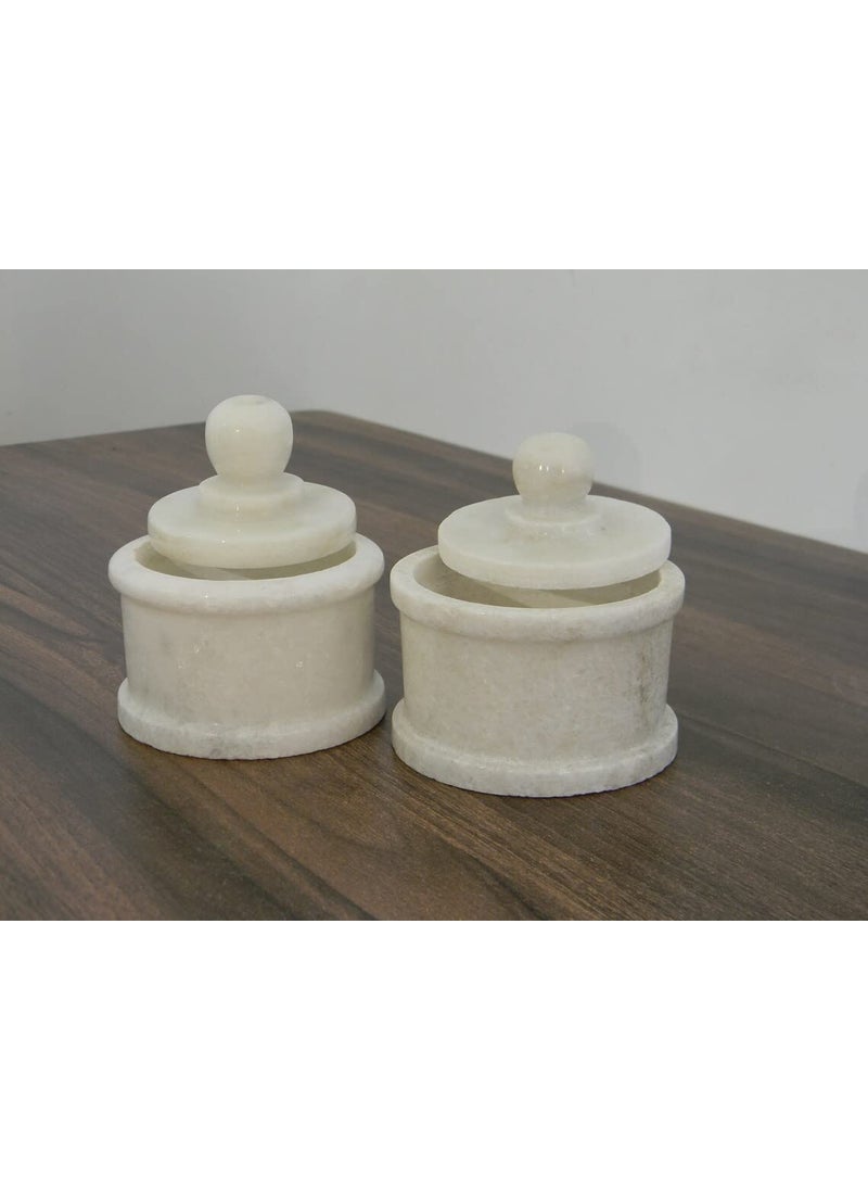 R&M RM Marble Bowls with Lid on Wood Base Salt and Pepper Bowl by Rameshwaram Marble | Marble Box | 4inch Marble Storage Box with Lid | Wooden Plate
