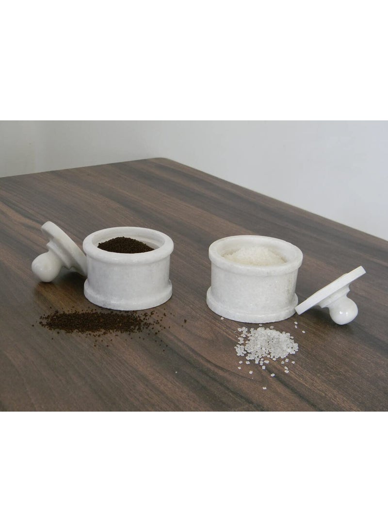R&M RM Marble Bowls with Lid on Wood Base Salt and Pepper Bowl by Rameshwaram Marble | Marble Box | 4inch Marble Storage Box with Lid | Wooden Plate