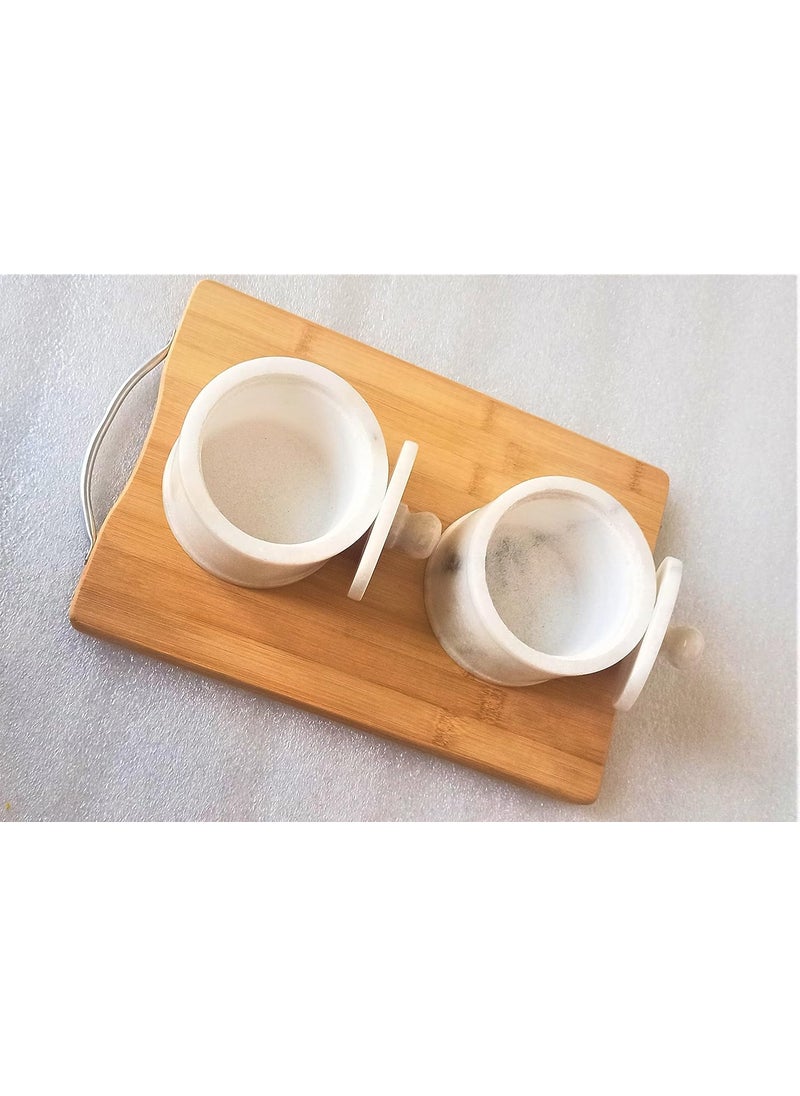 R&M RM Marble Bowls with Lid on Wood Base Salt and Pepper Bowl by Rameshwaram Marble | Marble Box | 4inch Marble Storage Box with Lid | Wooden Plate