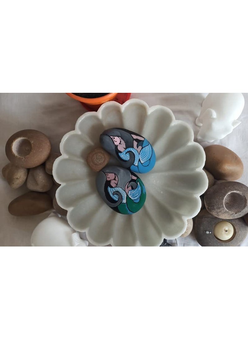 R&M Rameshwaram Marble White Marble 9 inch Bowl with 2 Mermaid Painted Stone for Water Feature Decoration at Home Marble Candle Holder