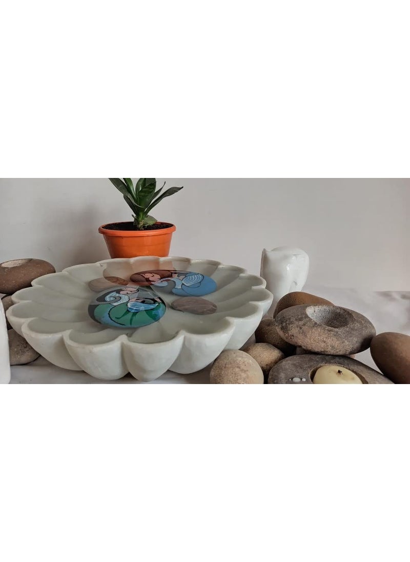 R&M Rameshwaram Marble White Marble 9 inch Bowl with 2 Mermaid Painted Stone for Water Feature Decoration at Home Marble Candle Holder
