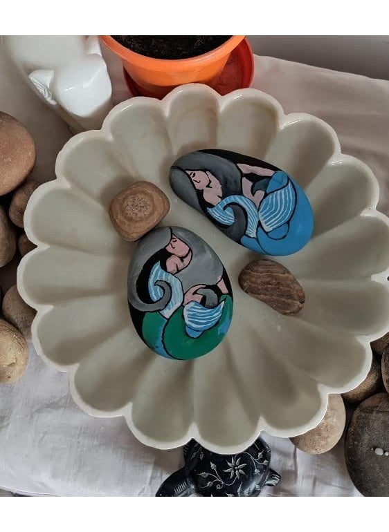 R&M Rameshwaram Marble White Marble 9 inch Bowl with 2 Mermaid Painted Stone for Water Feature Decoration at Home Marble Candle Holder