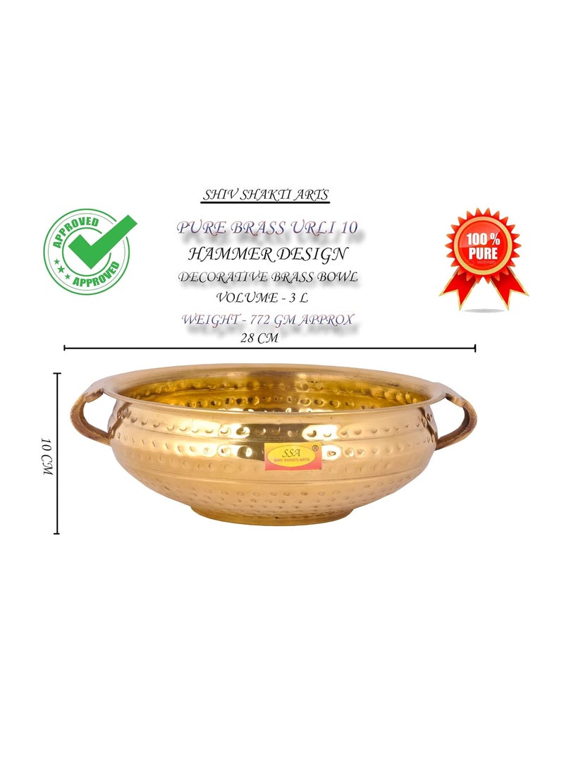 SHIV SHAKTI ARTS® Handcrafted Brass Urli Hammered Design Decorative Bowl Platter Volume- 3000 ml for Home,Temple and Office Décor