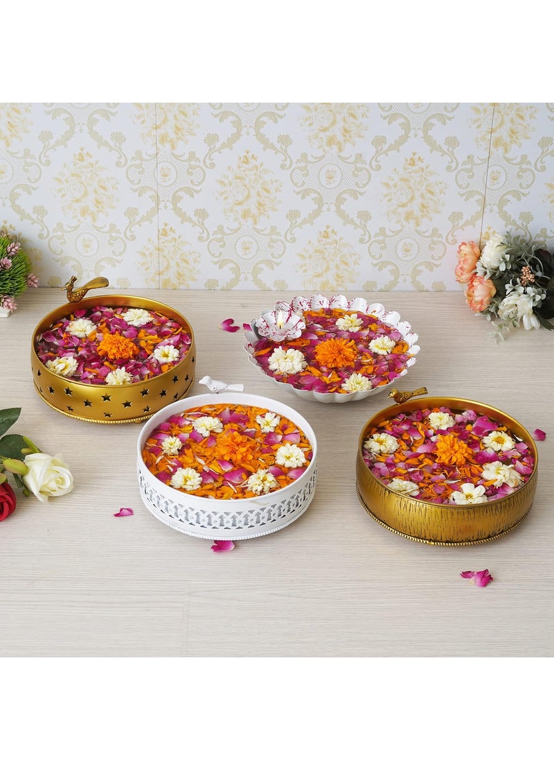 Webelkart Designer Set of 4 Gold and White Colored Indian Handmade Round Decorative Bowl for Dining Table Round Shape Decorative Urli Bowl for Home | Diwali Decoration/Wedding/Gift Item