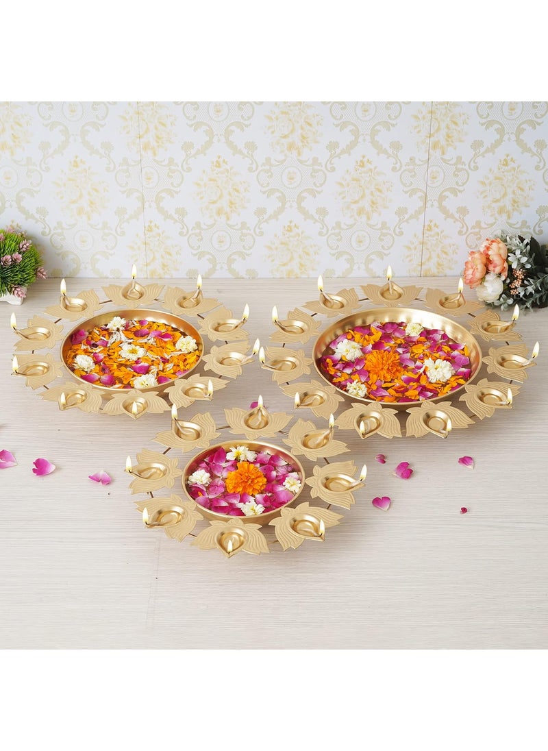 Webelkart Premium Gold Polish Urli Bowl Set of 3 Lotus Diya Metal Urli Pot Potpourri Bowl for Home and Office Decor & Festival Gift Flowers for Pooja and Home Decoration