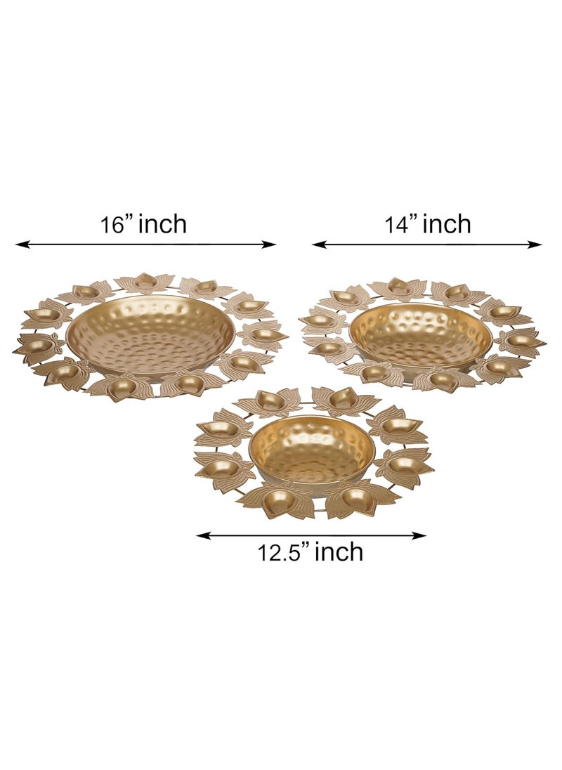 Webelkart Premium Gold Polish Urli Bowl Set of 3 Lotus Diya Metal Urli Pot Potpourri Bowl for Home and Office Decor & Festival Gift Flowers for Pooja and Home Decoration