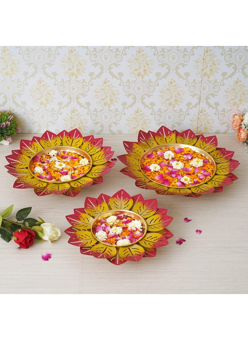 Webelkart Premium Printed Leaf Design Set of 3 Flower Shape Flower Decorative Urli Bowl for Home Floating Flowers for Home,Table Decor| Diwali Decoration(Multicolor)