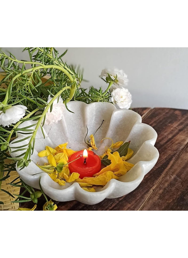 R&M RM Flower Bowl Marble Urli | Showpiece Decor Fruit Bowl, Birdbath, Kitchen, Pooja Room, Desk, Dinner Table | Gift for Anniversary, Birthday, Festival & Ceremony Marble Candle Holder Bowl | White