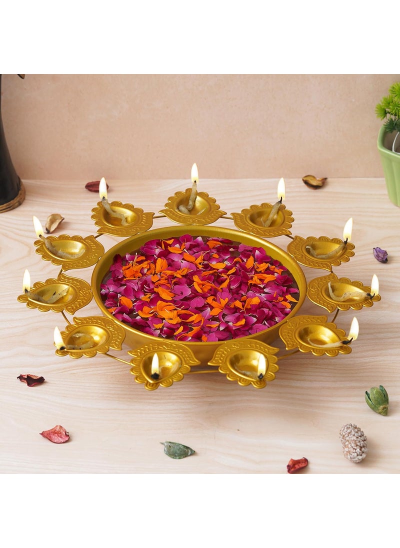 Webelkart Premium Flower Diya Shape Gold Polish Decorative Urli Bowl for Home and Office Decor/Urli tealight Candle Holder/Diwali Decorations Items for Home Decor (14 Inches, Gold)
