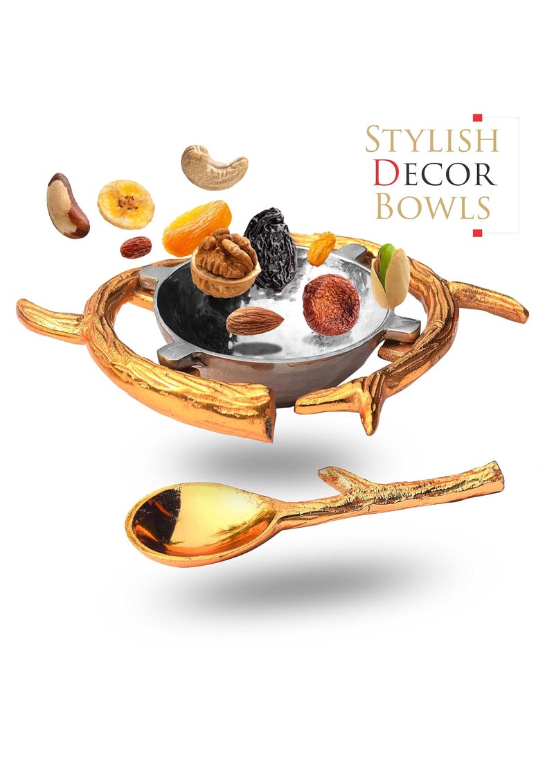 Pure Source India Hammered Serving Bowl with Spoon/Metal Serving Bowl Tableware|Centerpiece|Gifting (Color- Gold-Silver - 22CM)