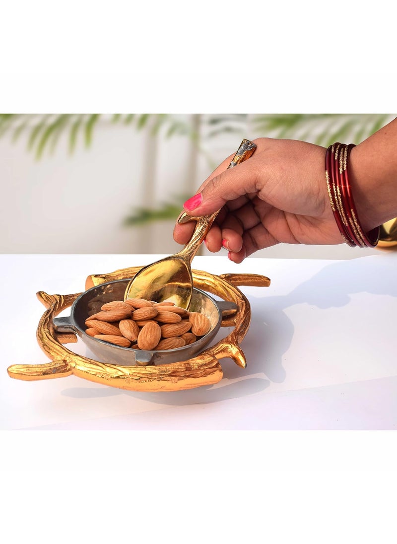 Pure Source India Hammered Serving Bowl with Spoon/Metal Serving Bowl Tableware|Centerpiece|Gifting (Color- Gold-Silver - 22CM)
