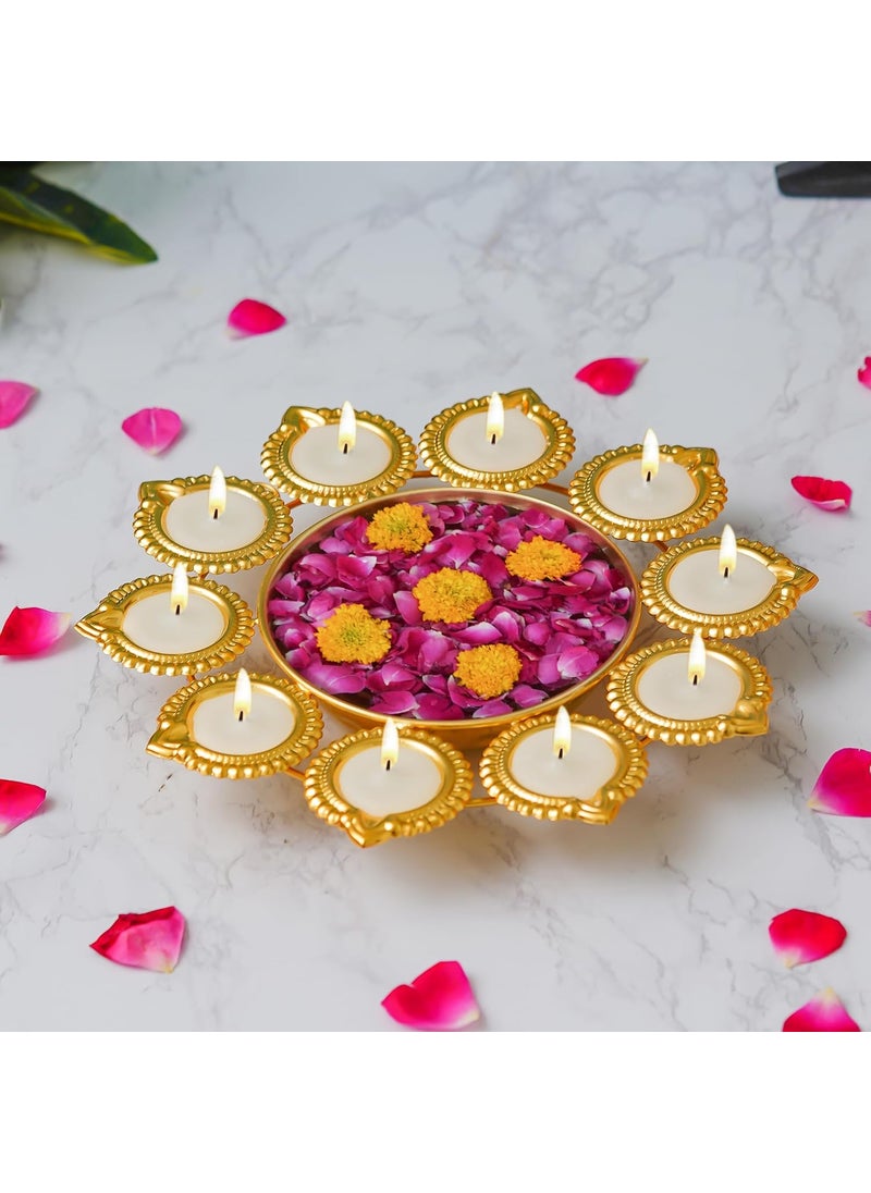 Webelkart Premium Diya Shape Gold Plated Decorative Urli Bowl with Wax Candle for Home Decor Handcrafted Bowl Diwali Decor Item (10
