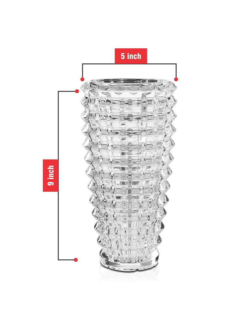 Pure Source India Glass Round Rib Flower Vase | Money Plant Pot | Without Flower/Money Plant (Heavy Weight - Crystal Clear 9 x 5 Inch)
