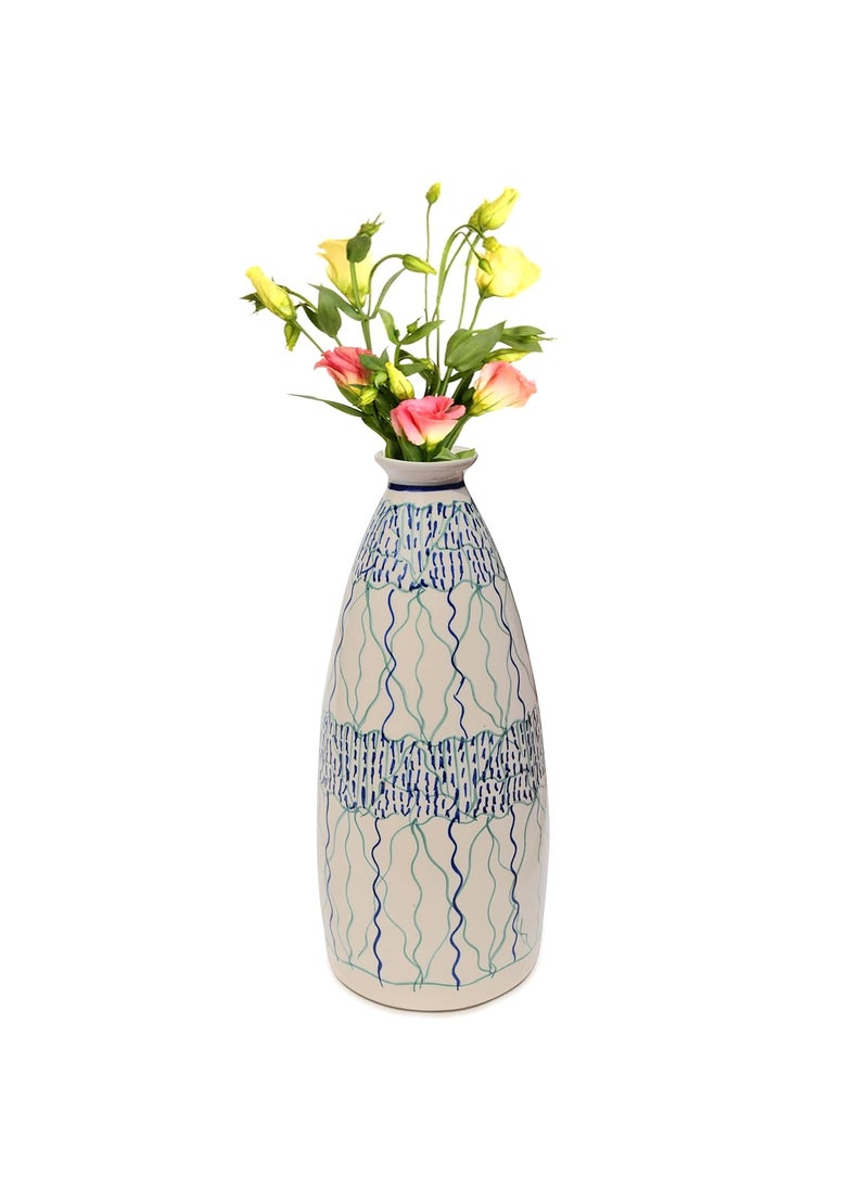 Pure Source India Ceramic Hand Painted Flower Vase Decorative Vase for Home Decor Living Room Office (White) (10.5 Inch)