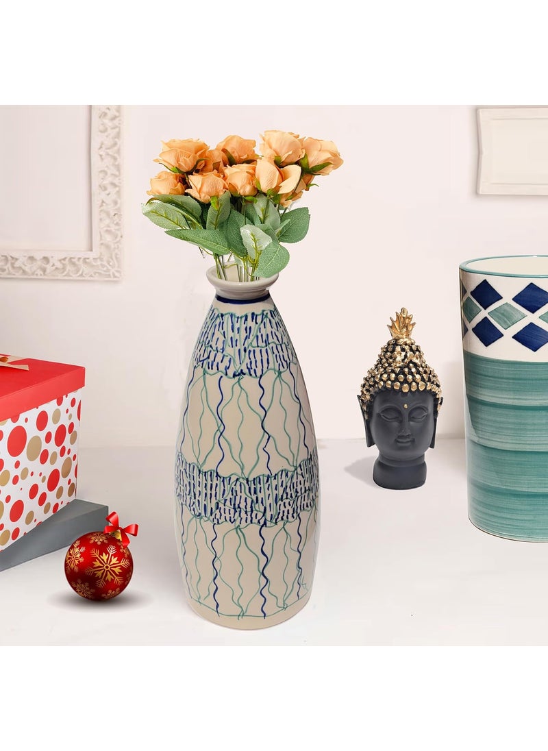 Pure Source India Ceramic Hand Painted Flower Vase Decorative Vase for Home Decor Living Room Office (White) (10.5 Inch)