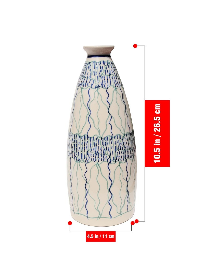 Pure Source India Ceramic Hand Painted Flower Vase Decorative Vase for Home Decor Living Room Office (White) (10.5 Inch)