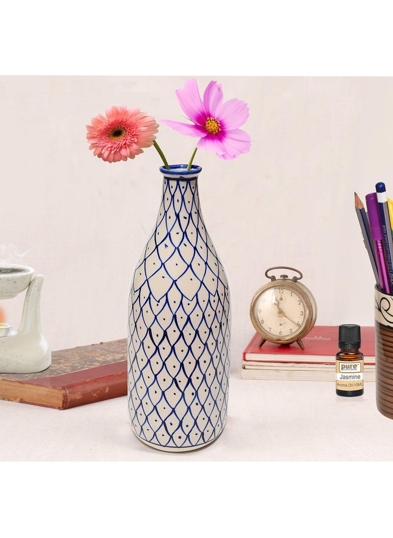 Pure Source India Ceramic Bottle Type Hand Painted Flower Vase Decorative Vase for Home Decor Living Room Office (10.5 inch) (Blue)