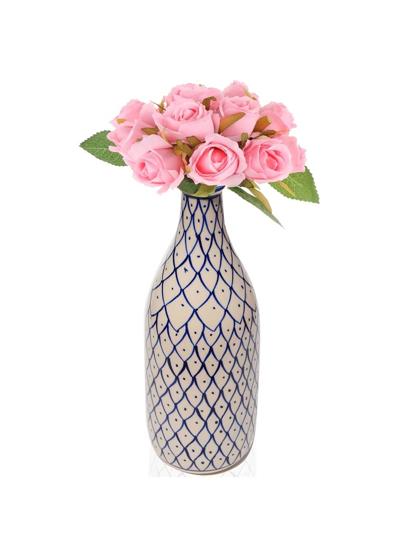 Pure Source India Ceramic Bottle Type Hand Painted Flower Vase Decorative Vase for Home Decor Living Room Office (10.5 inch) (Blue)