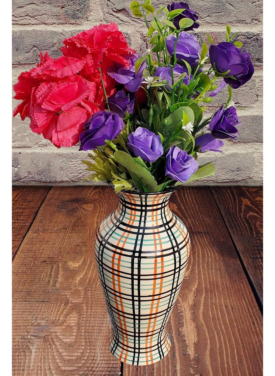 Pure Source India Ceramic Flower Vase, (Multi Color White Print; 4.5 X 9 Inch)
