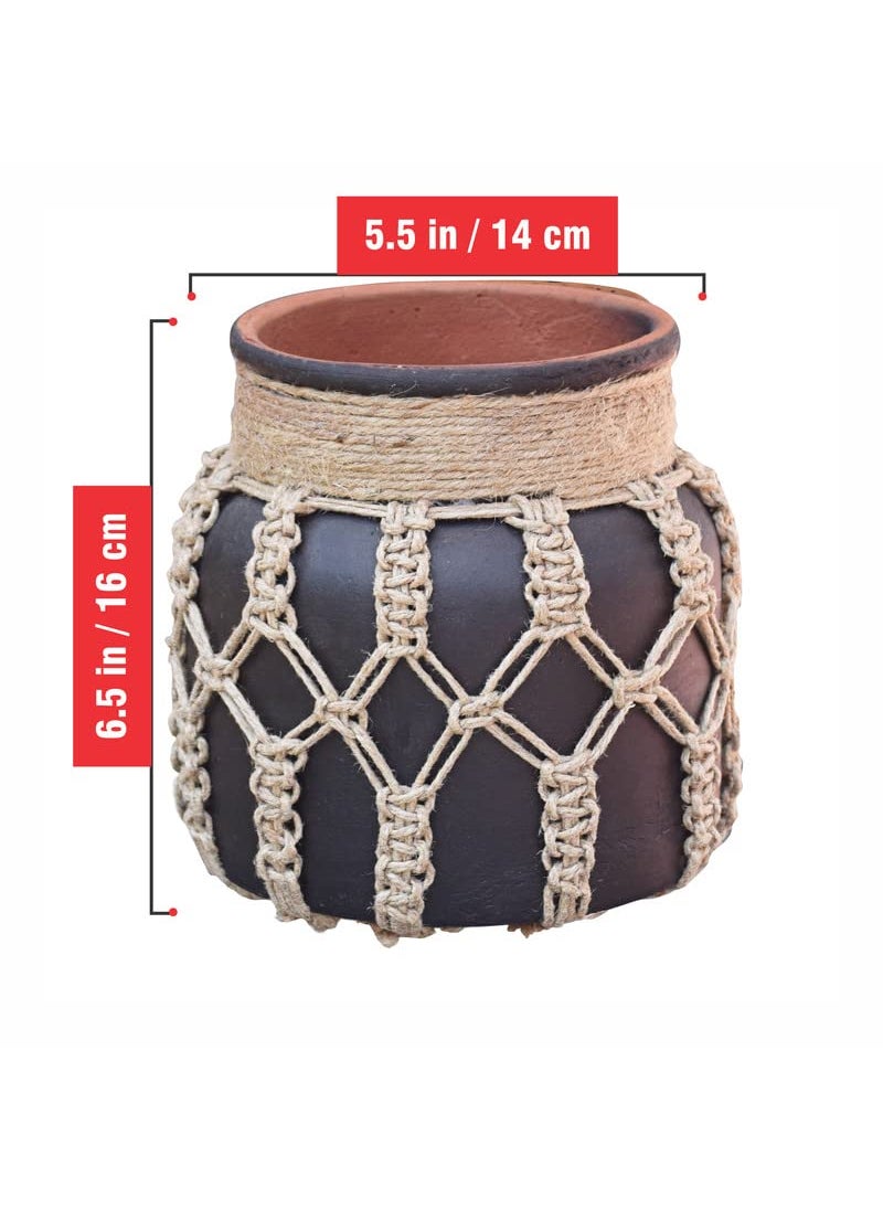 Pure Source India Clay Flower Vase with Jute Rope for Home Decor, Showpieces & Figurines 6.5 Inch (Black) (Without Flower)