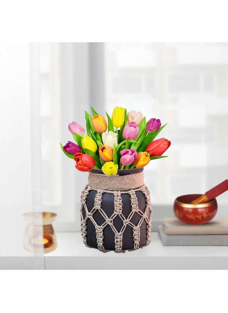 Pure Source India Clay Flower Vase with Jute Rope for Home Decor, Showpieces & Figurines 6.5 Inch (Black) (Without Flower)