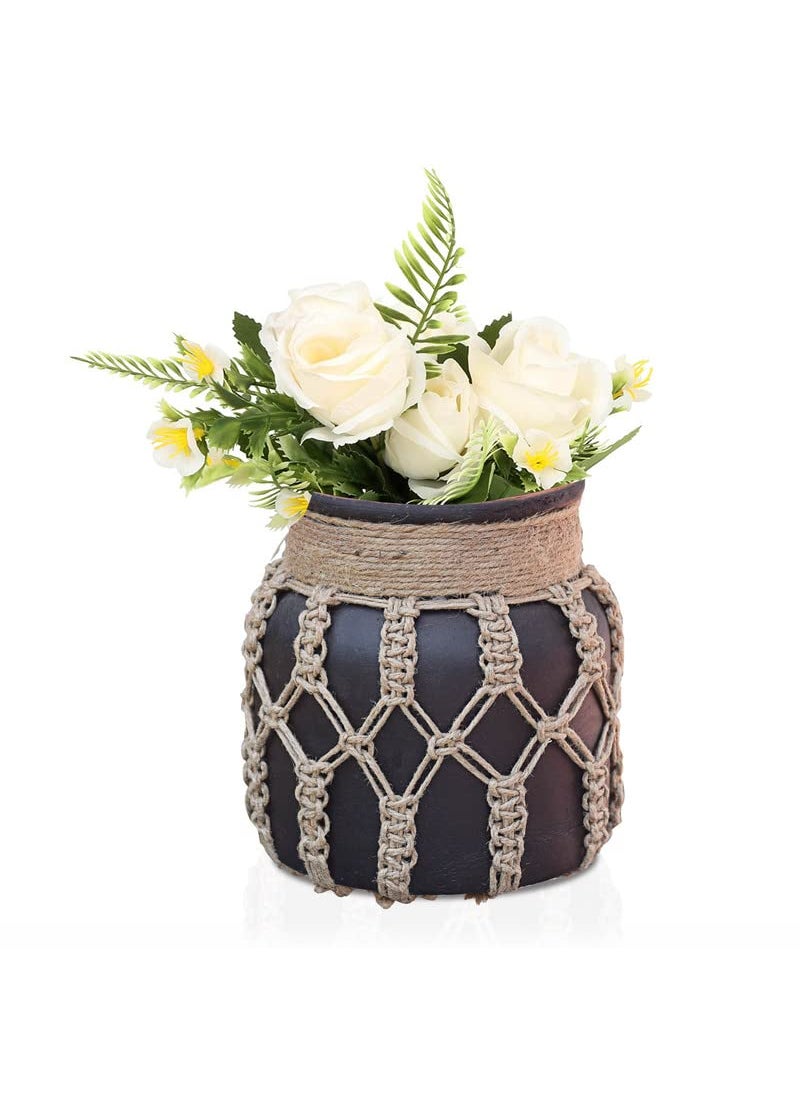 Pure Source India Clay Flower Vase with Jute Rope for Home Decor, Showpieces & Figurines 6.5 Inch (Black) (Without Flower)