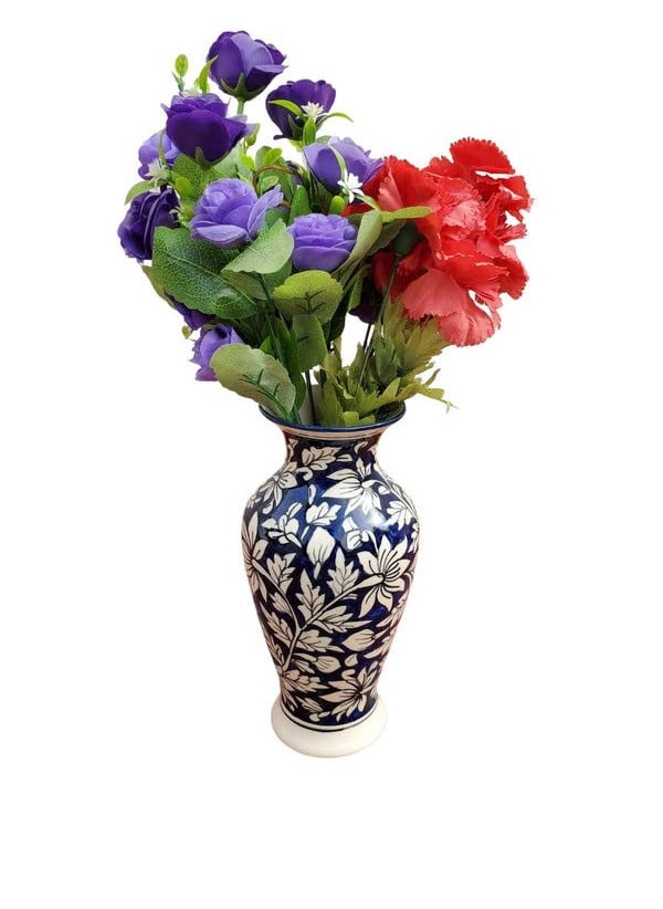 Pure Source India Porcelain Flower Vase (Multicolor Leaf Design Blue; 4.5 X 9 Inch)