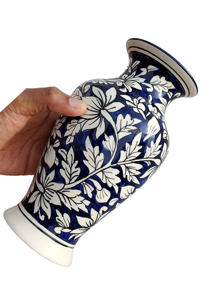Pure Source India Porcelain Flower Vase (Multicolor Leaf Design Blue; 4.5 X 9 Inch)