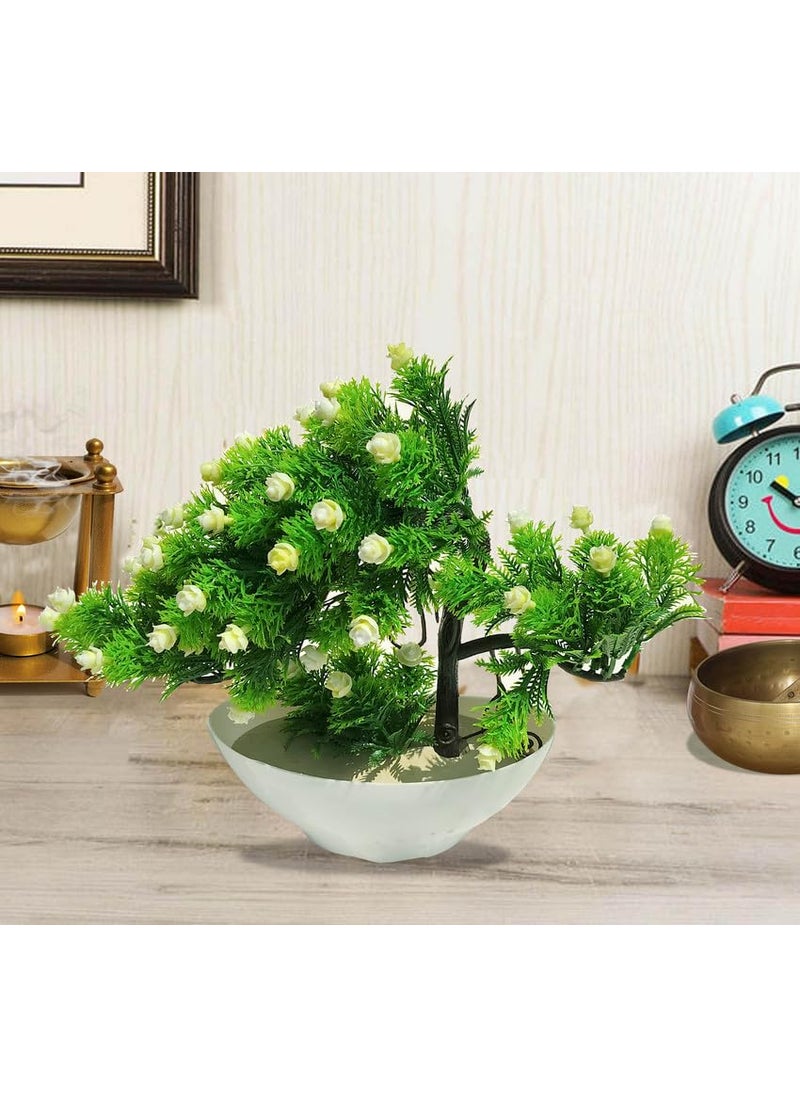 Pure Source India Boat Shape Artifical Decorative Plant Vase for Home & Office with Green Plant and White Flower (13X10INCH)