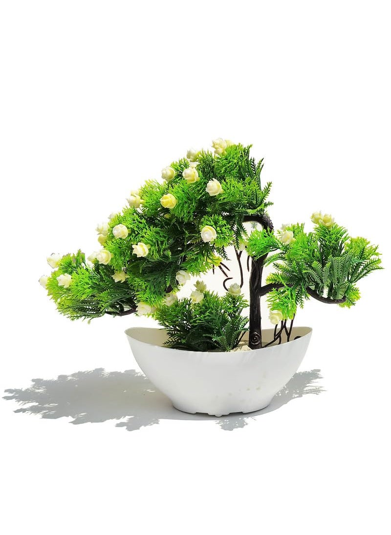 Pure Source India Boat Shape Artifical Decorative Plant Vase for Home & Office with Green Plant and White Flower (13X10INCH)