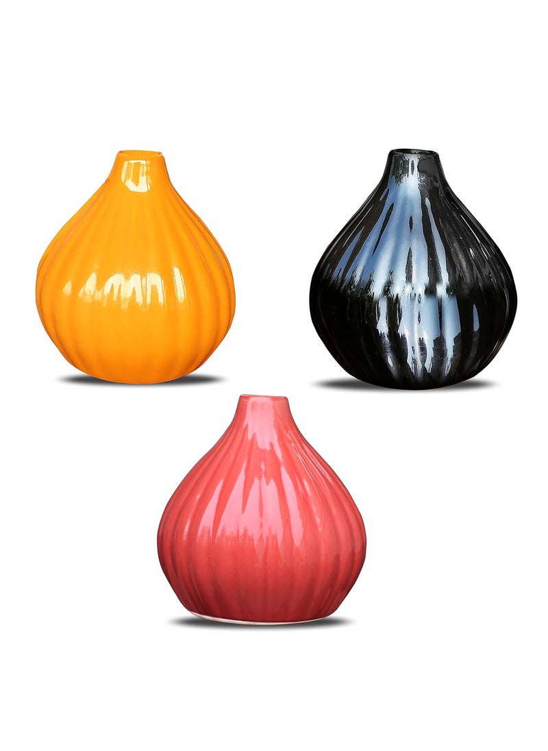 Pure Source India Ceramic Garlic Shape Flower Vase, 3 Pieces (Multi Color 4.5 Inch)