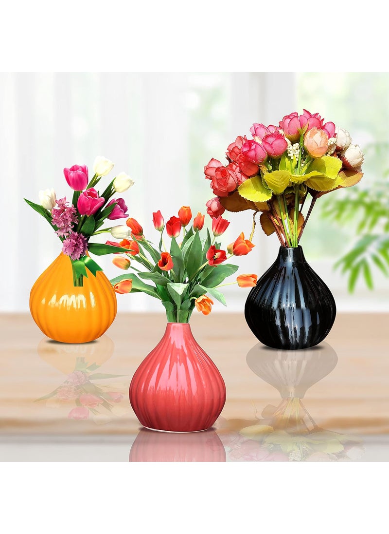 Pure Source India Ceramic Garlic Shape Flower Vase, 3 Pieces (Multi Color 4.5 Inch)