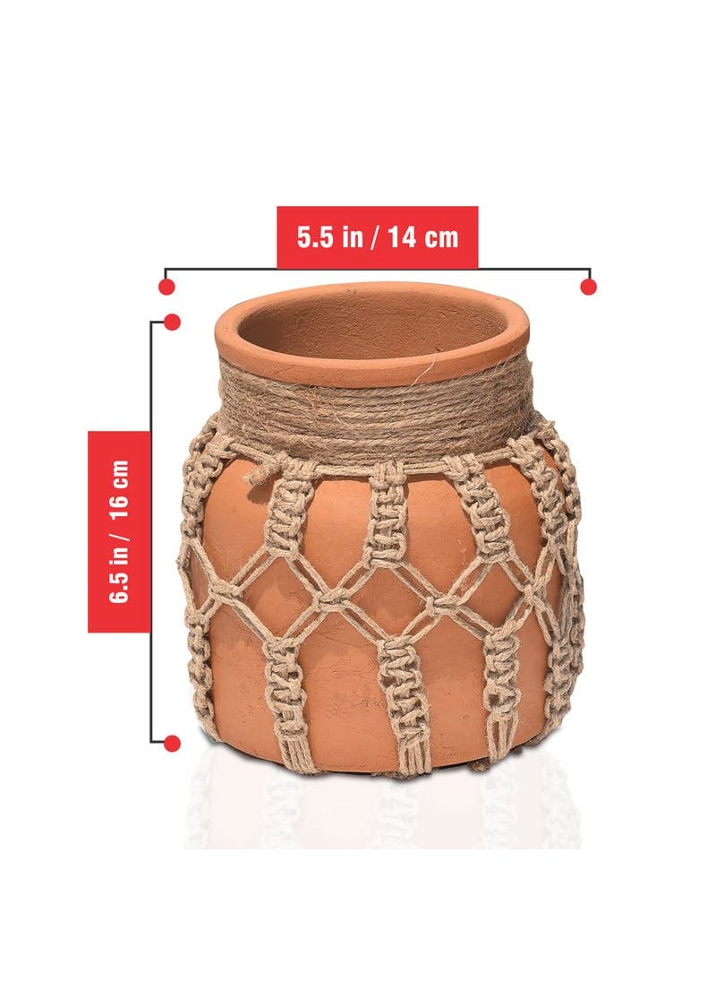 Pure Source India Clay Flower Vase with Jute Rope for Home Decor, Showpieces & Figurines 6.5 Inch (Brown) (Without Flower)