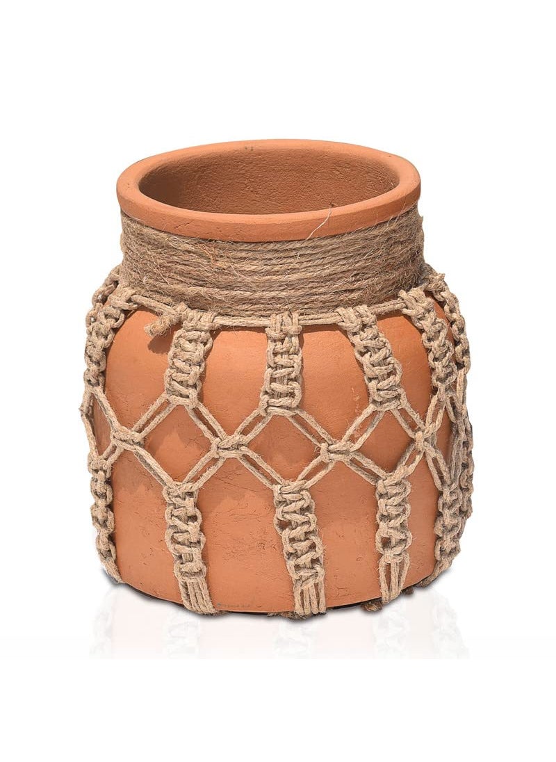 Pure Source India Clay Flower Vase with Jute Rope for Home Decor, Showpieces & Figurines 6.5 Inch (Brown) (Without Flower)