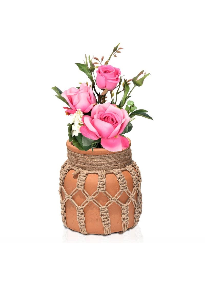 Pure Source India Clay Flower Vase with Jute Rope for Home Decor, Showpieces & Figurines 6.5 Inch (Brown) (Without Flower)