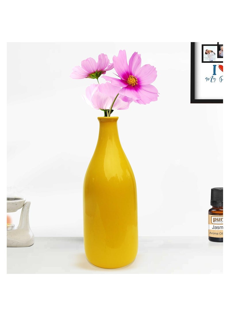 Pure Source India Ceramic Decorative Flower Vase - Elegant Decorative Piece Handcrafted Home Décor (3.75 x 10.5 Inch, Yellow)