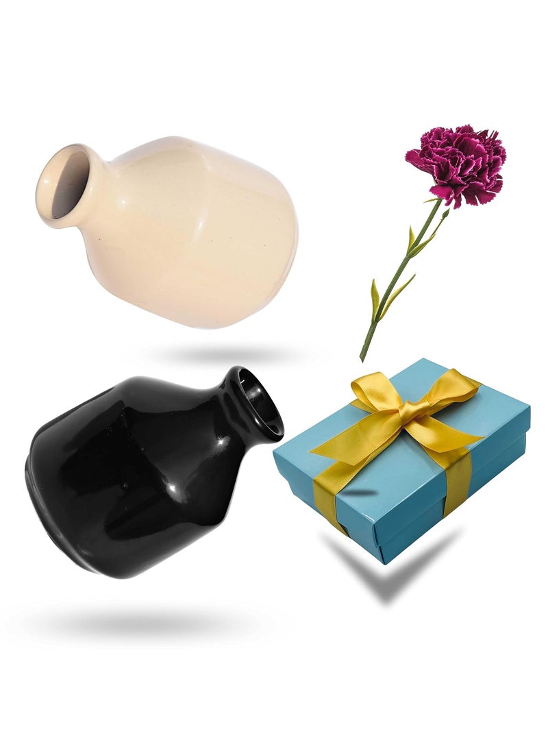 Pure Source India Ceramic Decorative Flower Vase Set of 2 Without Flowers for Living Room, Bedroom,Dining Table,Home Decor (Black & White)