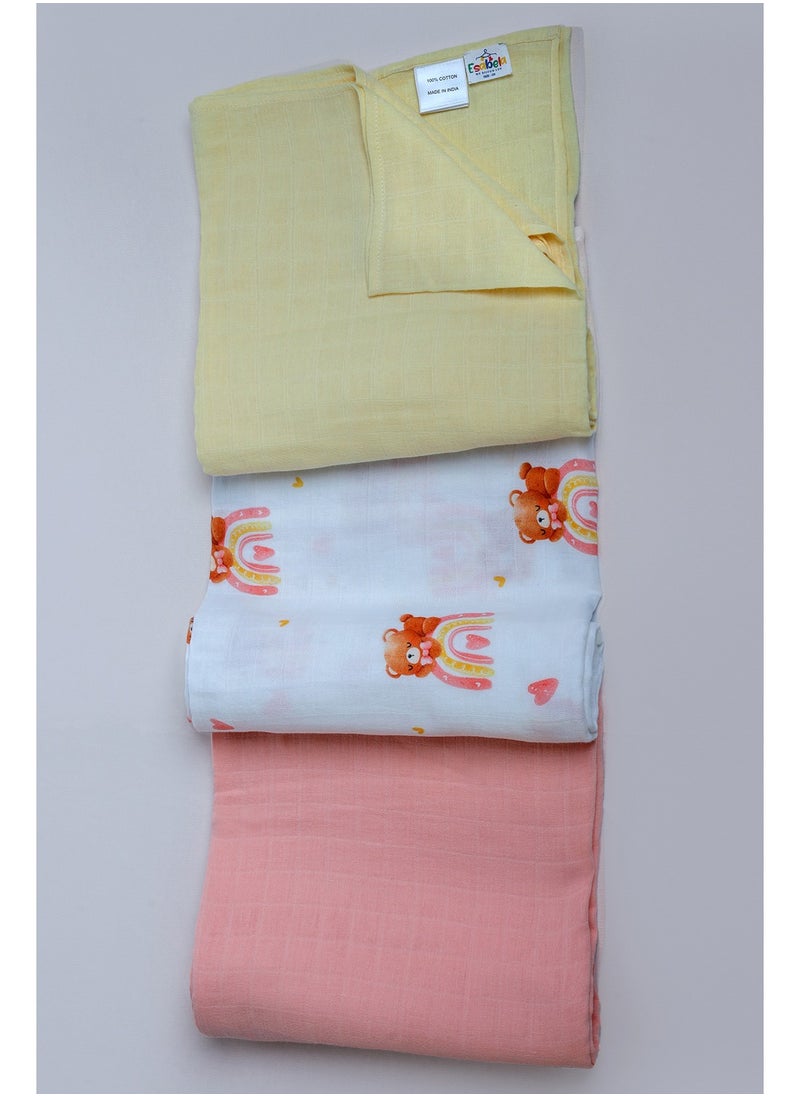 Baby Swaddle Set 3-Pieces Baby Cover, Soft & Breathable Baby Cloth, Perfect for Sleep & Cuddles, Multi-function Baby Blanket for Age 0+ months - Pink Teddy/Peach Solid/Yellow Solid Collection