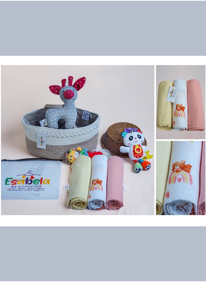 Baby Swaddle Set 3-Pieces Baby Cover, Soft & Breathable Baby Cloth, Perfect for Sleep & Cuddles, Multi-function Baby Blanket for Age 0+ months - Pink Teddy/Peach Solid/Yellow Solid Collection