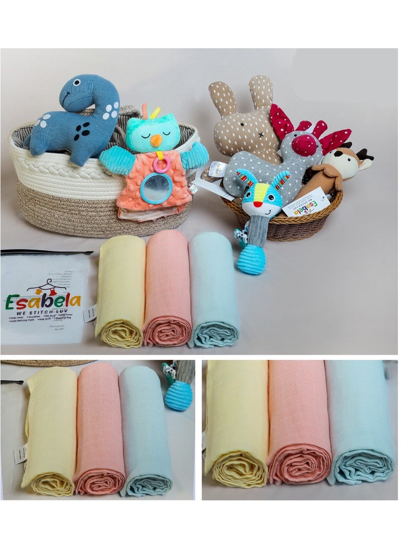 Baby Swaddle Set 3-Pieces Baby Cover, Soft & Breathable Baby Cloth, Perfect for Sleep & Cuddles, Multi-function Baby Blanket for Age 0+ months - Peach Solid/Blue Solid/Yellow Solid Collection