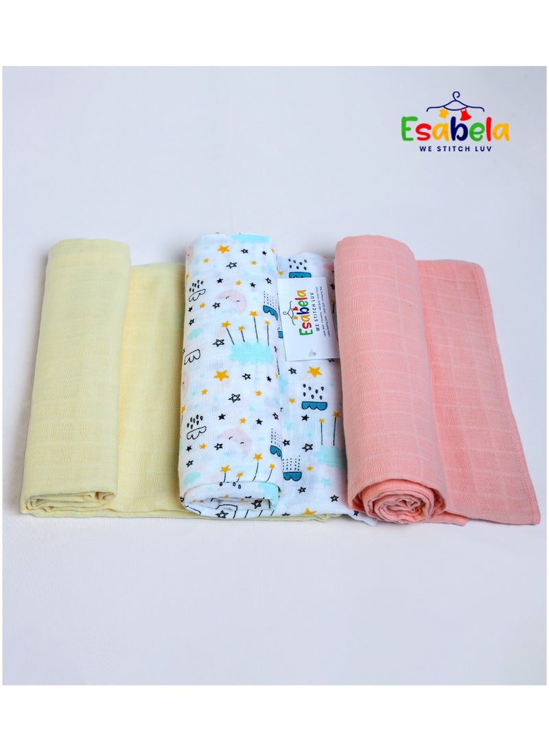 Baby Swaddle Set 3-Pieces Baby Cover, Soft & Breathable Baby Cloth, Perfect for Sleep & Cuddles, Multi-function Baby Blanket for Age 0+ months - Cloud & Star/Peach Solid/Yellow Solid Collection