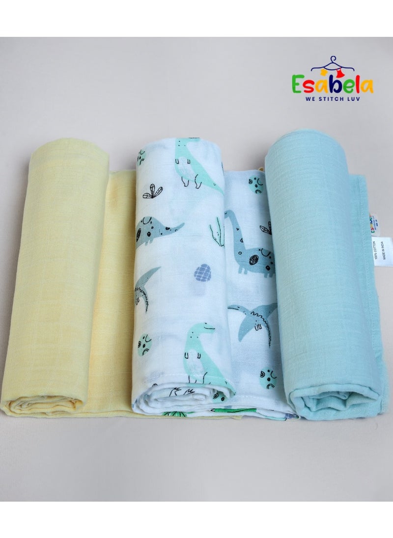 Baby Swaddle Set 3-Pieces Baby Towel, Soft & Breathable Baby Cloth, Perfect for Sleep & Cuddles, Multi-function Baby Blanket for Age 0+ months - Dinosaur/Blue Solid/Yellow Solid Collection