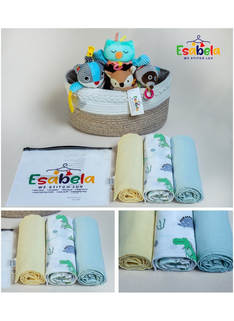 Baby Swaddle Set 3-Pieces Baby Towel, Soft & Breathable Baby Cloth, Perfect for Sleep & Cuddles, Multi-function Baby Blanket for Age 0+ months - Dinosaur/Blue Solid/Yellow Solid Collection