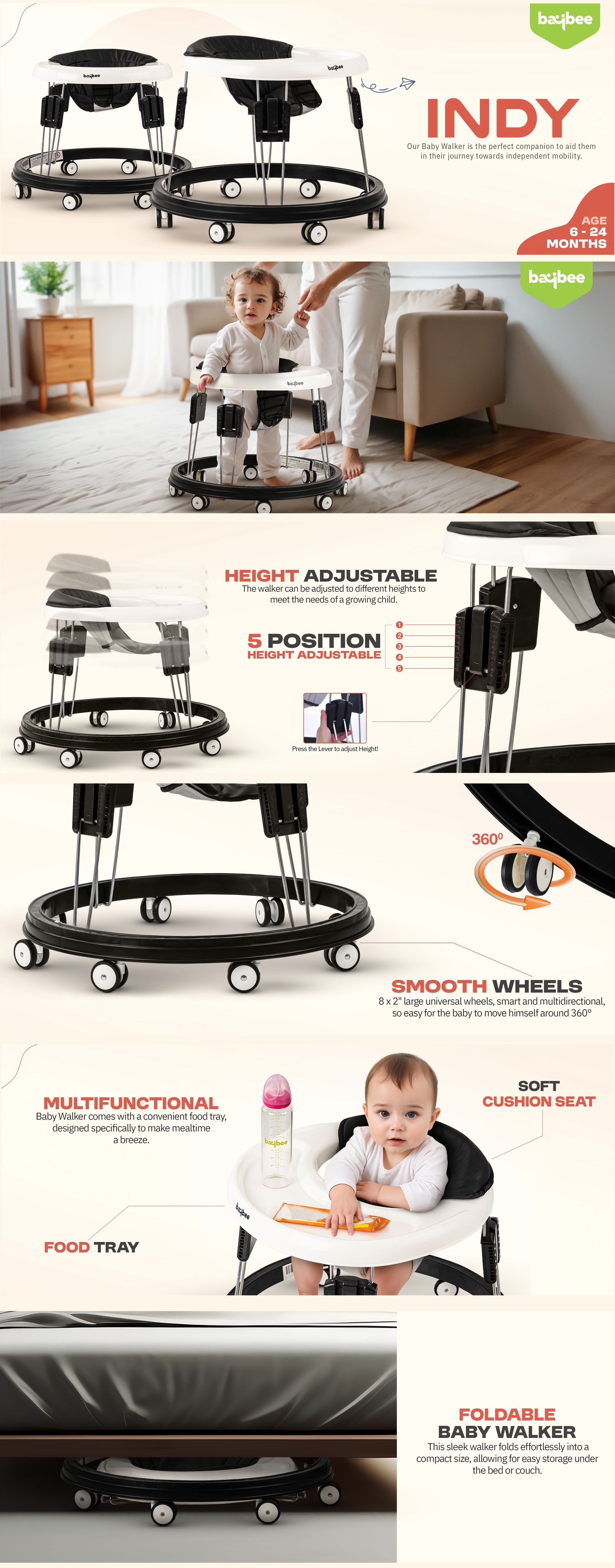 Indy Kids Round Walker With 5 Adjustable Height Premium Vegan Leather Seat For Baby 6 To 18 Months Black