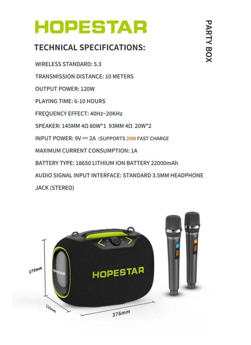 Party Box 120W Portable Bluetooth Speaker with Dual Wireless Microphones, 200W Fast Charging, IPX6 Waterproof, DSP Chip, 10-Hour Playtime, RGB Lights – Ideal for Outdoor, Karaoke, and Family Gatherings