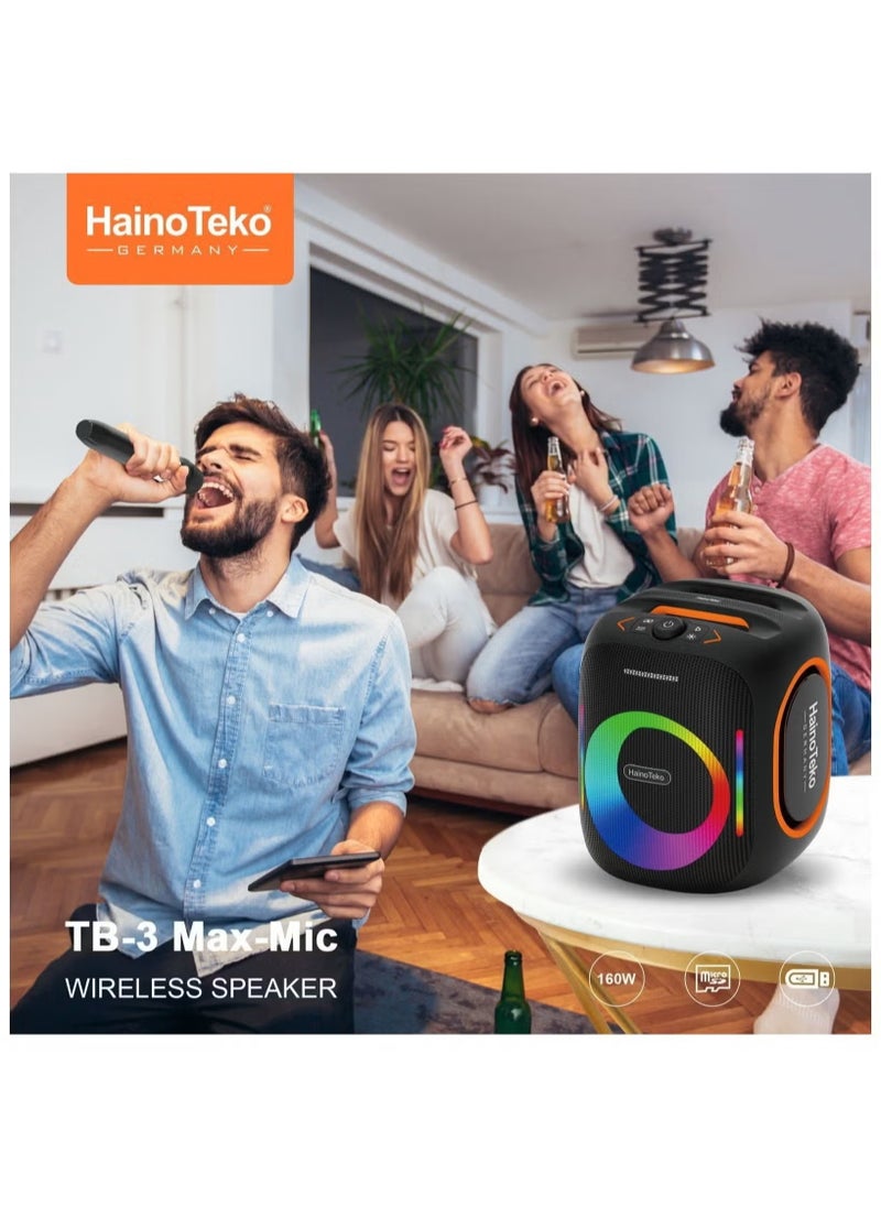 TB-3 Max Wireless Portable Bluetooth Speaker with 2 Wireless Mics -– 160W Output Power, RGB Lighting, Multi-Functional Button Control, Indoor & Outdoor Use, Black