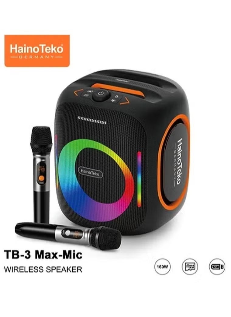 TB-3 Max Wireless Portable Bluetooth Speaker with 2 Wireless Mics -– 160W Output Power, RGB Lighting, Multi-Functional Button Control, Indoor & Outdoor Use, Black