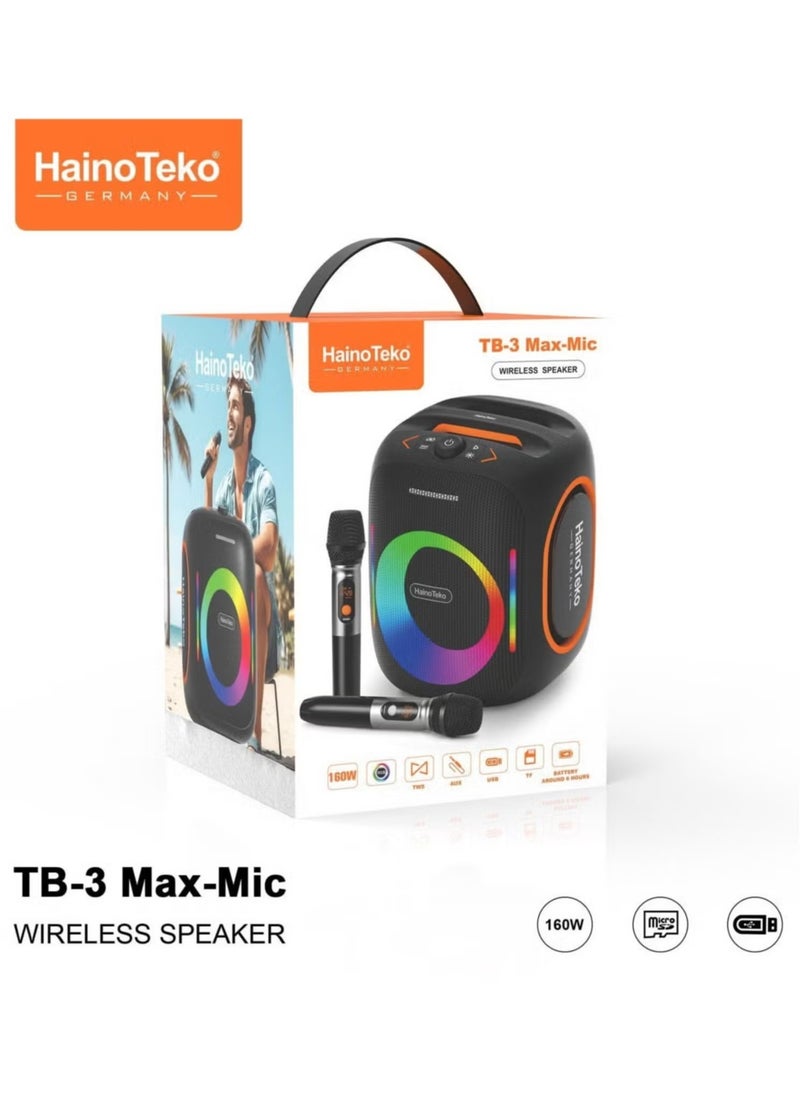 TB-3 Max Wireless Portable Bluetooth Speaker with 2 Wireless Mics -– 160W Output Power, RGB Lighting, Multi-Functional Button Control, Indoor & Outdoor Use, Black