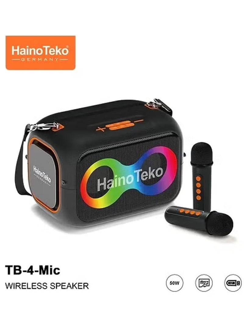 TB-4 Portable Wireless Bluetooth Speaker with 2 Wireless Mics –- 50W Output Power, RGB Lighting, Multi-Functional Button Control, Black