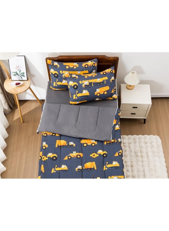 NTBED Construction Truck Printed Zipper Bedding Sets Twin Lightweight Microfiber Car Comforter Sets with Fitted Sheet Pillow Covers, Dark Grey